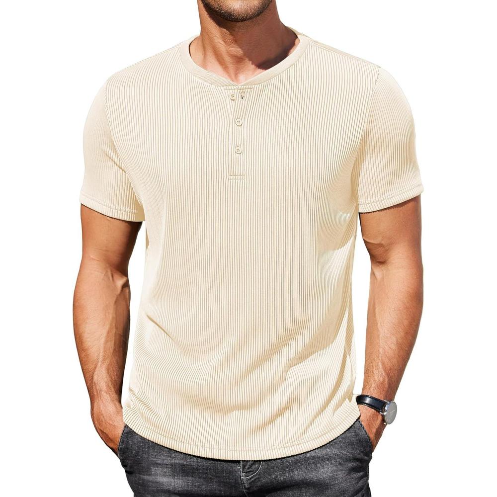 imageCOOFANDY Mens Cotton Henley TShirts Short Sleeve Button Casual Basic Tees Work Shirts with Split SideBeige