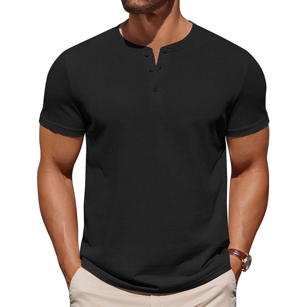 imageCOOFANDY Mens Cotton Henley TShirts Short Sleeve Button Casual Basic Tees Work Shirts with Split SideBlack
