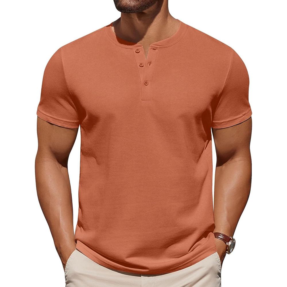 imageCOOFANDY Mens Cotton Henley TShirts Short Sleeve Button Casual Basic Tees Work Shirts with Split SideCaramel