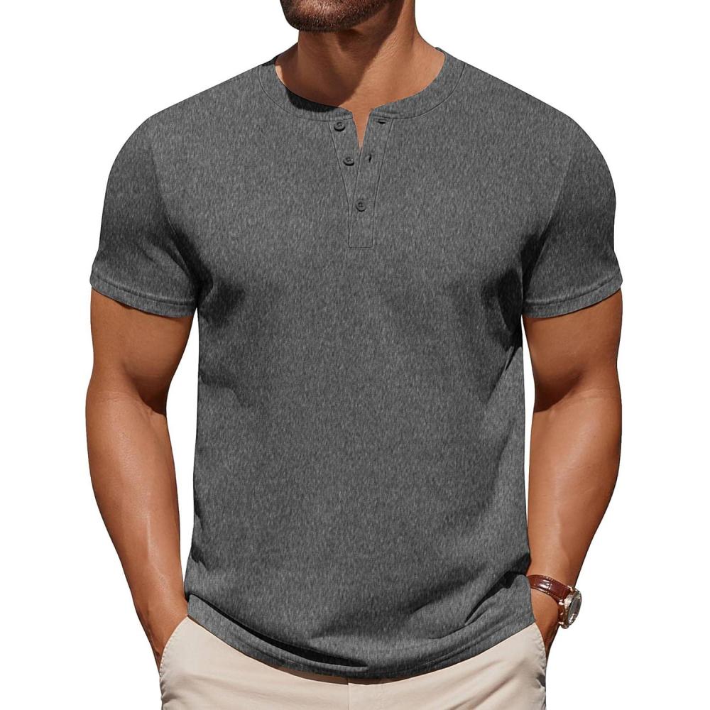 imageCOOFANDY Mens Cotton Henley TShirts Short Sleeve Button Casual Basic Tees Work Shirts with Split SideDark Grey
