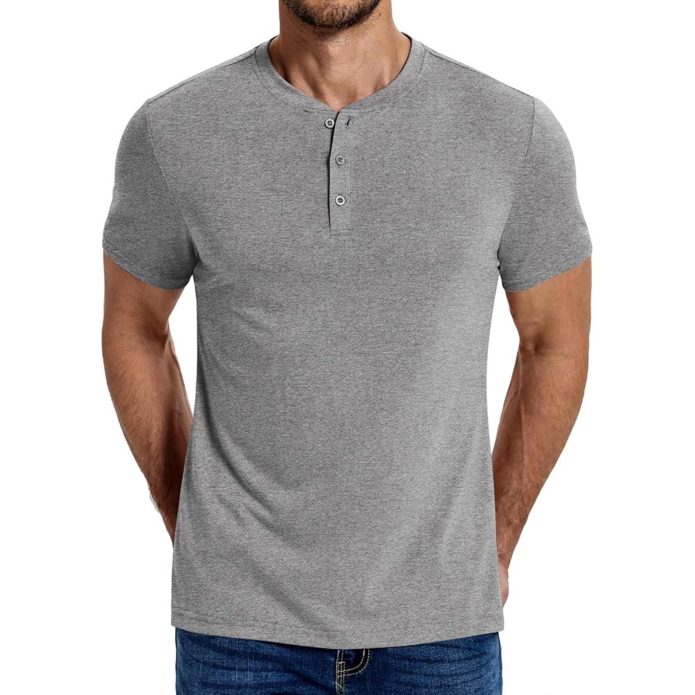 imageCOOFANDY Mens Cotton Henley TShirts Short Sleeve Button Casual Basic Tees Work Shirts with Split SideGrey