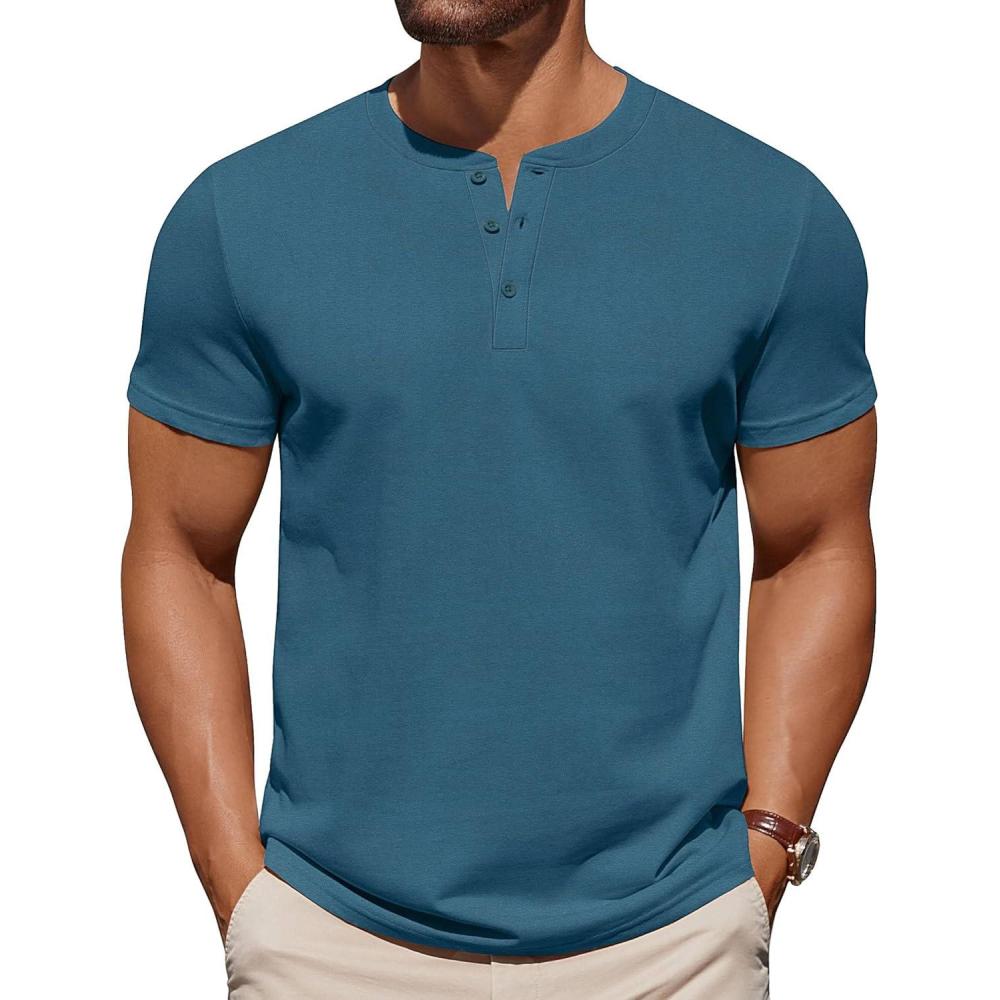 imageCOOFANDY Mens Cotton Henley TShirts Short Sleeve Button Casual Basic Tees Work Shirts with Split SideGrey Blue