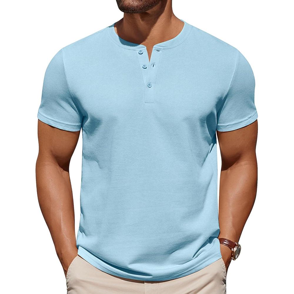 imageCOOFANDY Mens Cotton Henley TShirts Short Sleeve Button Casual Basic Tees Work Shirts with Split SideLight Blue