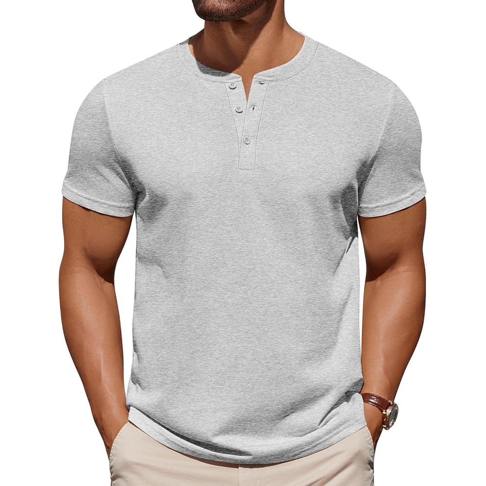 imageCOOFANDY Mens Cotton Henley TShirts Short Sleeve Button Casual Basic Tees Work Shirts with Split SideLight Grey