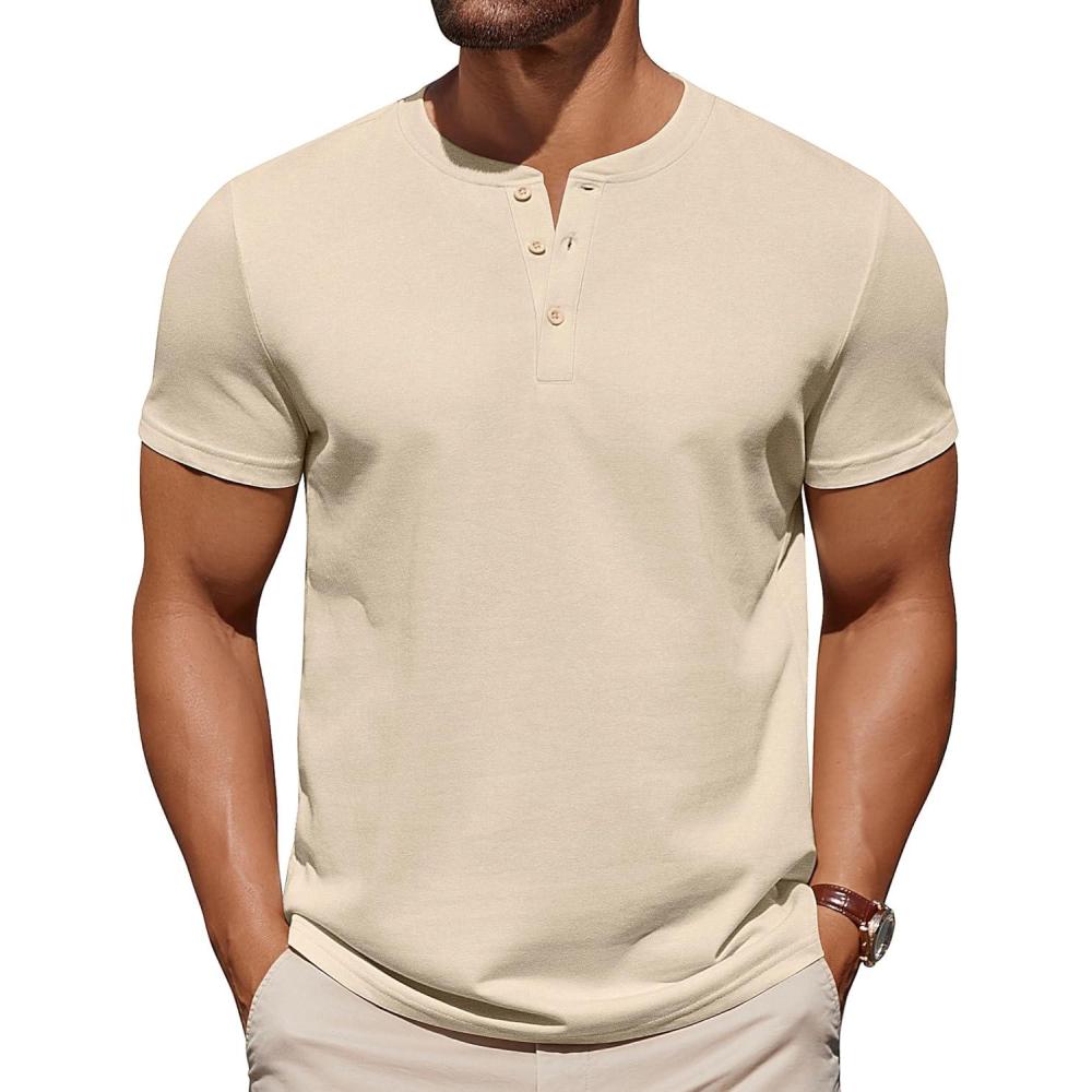 imageCOOFANDY Mens Cotton Henley TShirts Short Sleeve Button Casual Basic Tees Work Shirts with Split SideLight Khaki