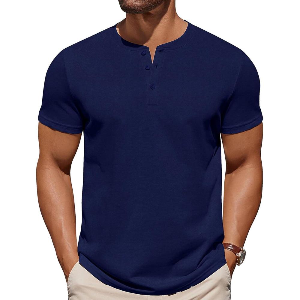 imageCOOFANDY Mens Cotton Henley TShirts Short Sleeve Button Casual Basic Tees Work Shirts with Split SideNavy Blue