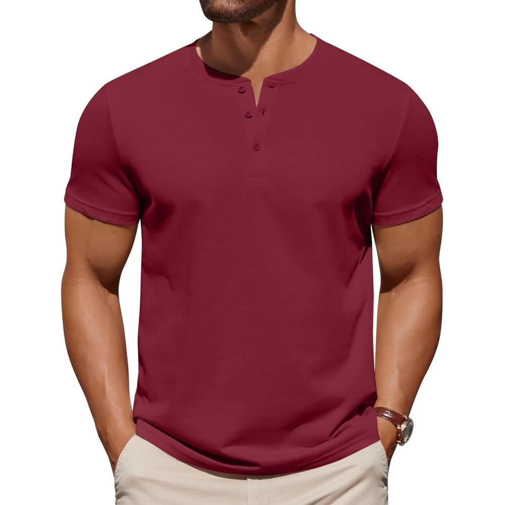 imageCOOFANDY Mens Cotton Henley TShirts Short Sleeve Button Casual Basic Tees Work Shirts with Split SideWine Red