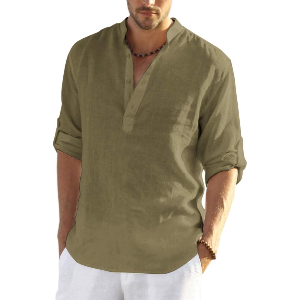 imageCOOFANDY Mens Cotton Linen Henley TShirt Long Sleeve Hippie Casual Beach TShirtsArmy Green