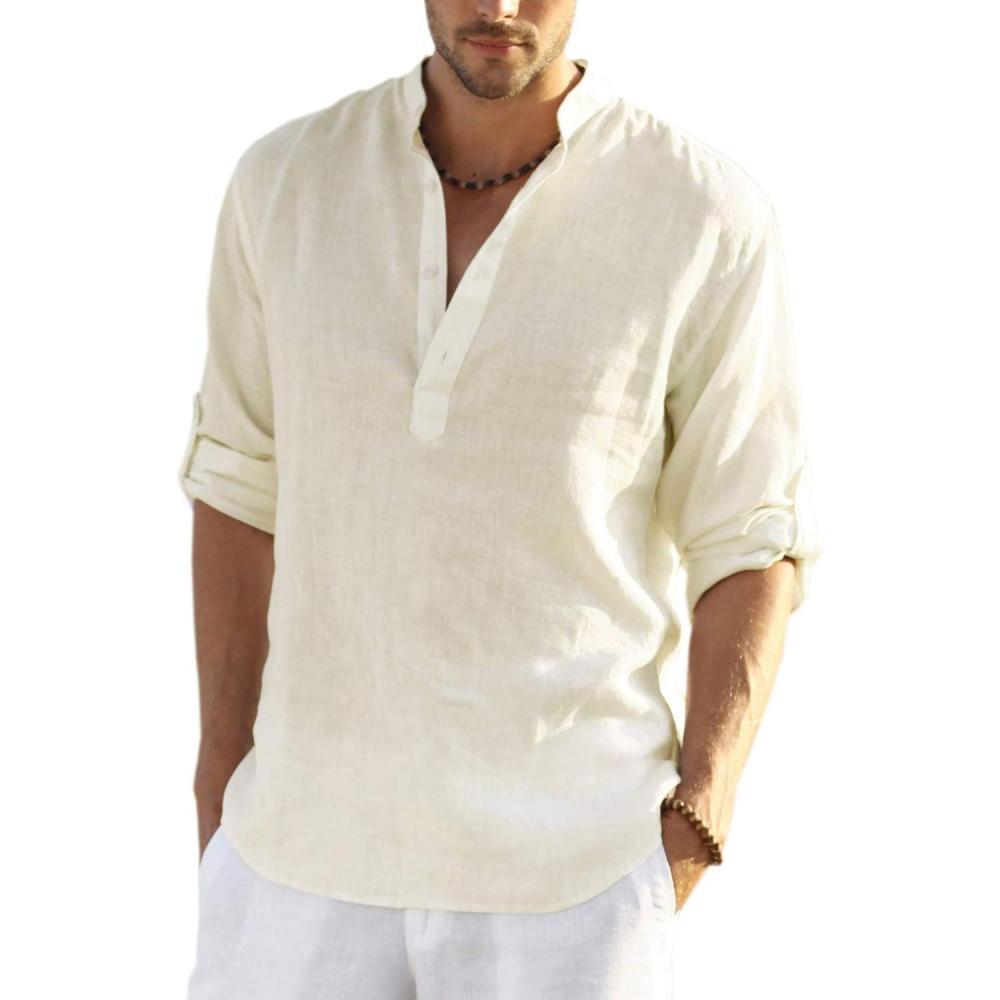 imageCOOFANDY Mens Cotton Linen Henley TShirt Long Sleeve Hippie Casual Beach TShirtsBeige