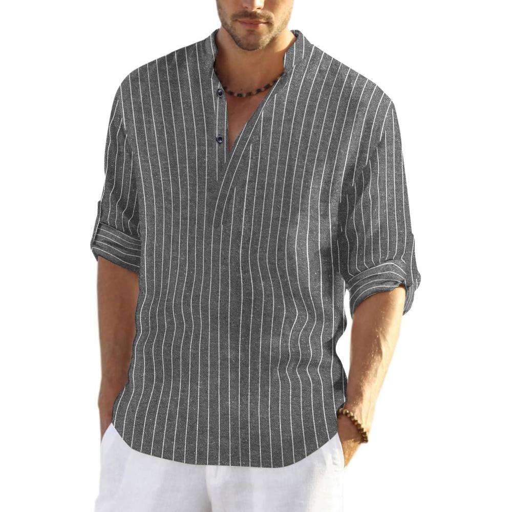 imageCOOFANDY Mens Cotton Linen Henley TShirt Long Sleeve Hippie Casual Beach TShirtsBlack Striped