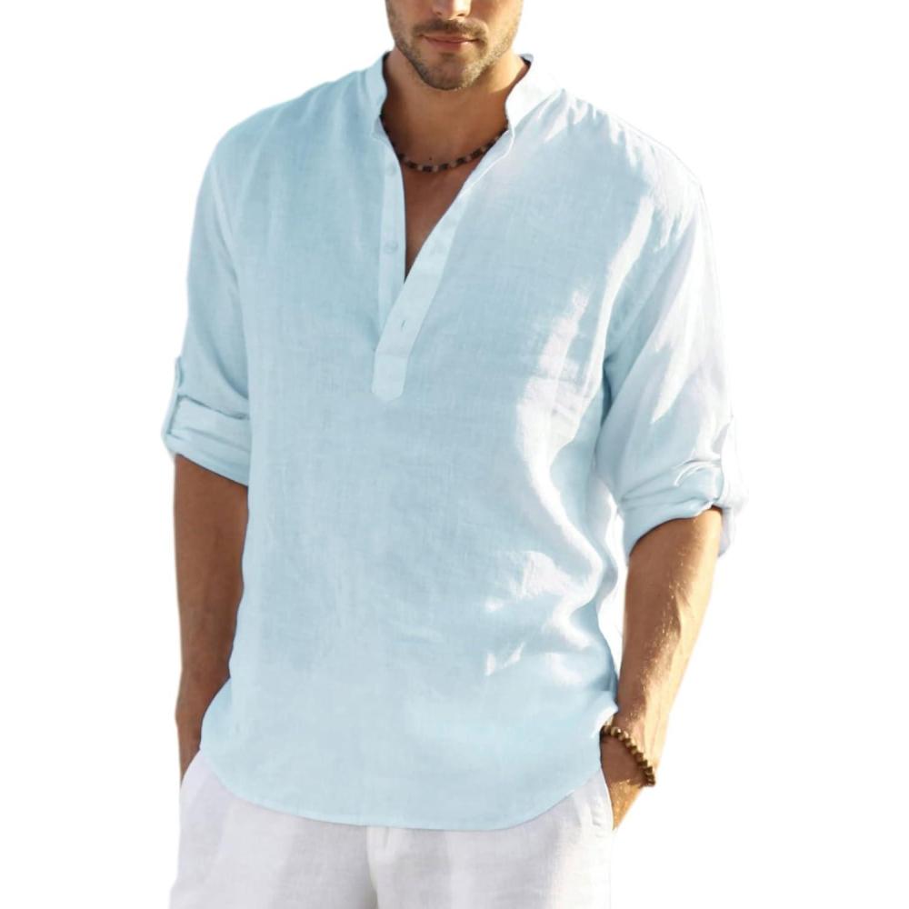 imageCOOFANDY Mens Cotton Linen Henley TShirt Long Sleeve Hippie Casual Beach TShirtsBlue