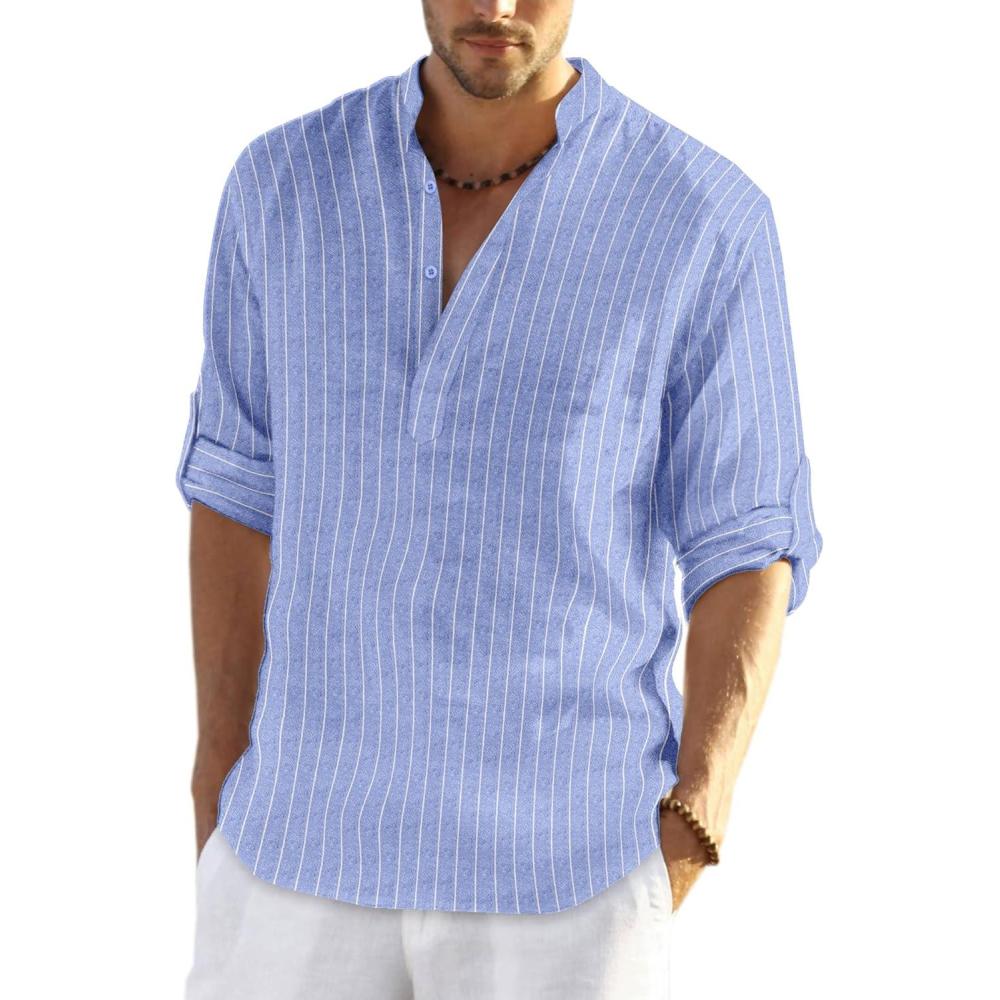 imageCOOFANDY Mens Cotton Linen Henley TShirt Long Sleeve Hippie Casual Beach TShirtsBlue Striped