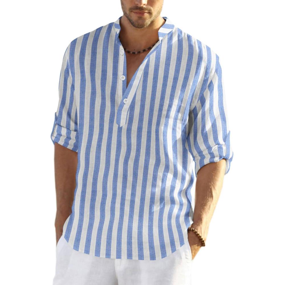 imageCOOFANDY Mens Cotton Linen Henley TShirt Long Sleeve Hippie Casual Beach TShirtsBlue White Striped