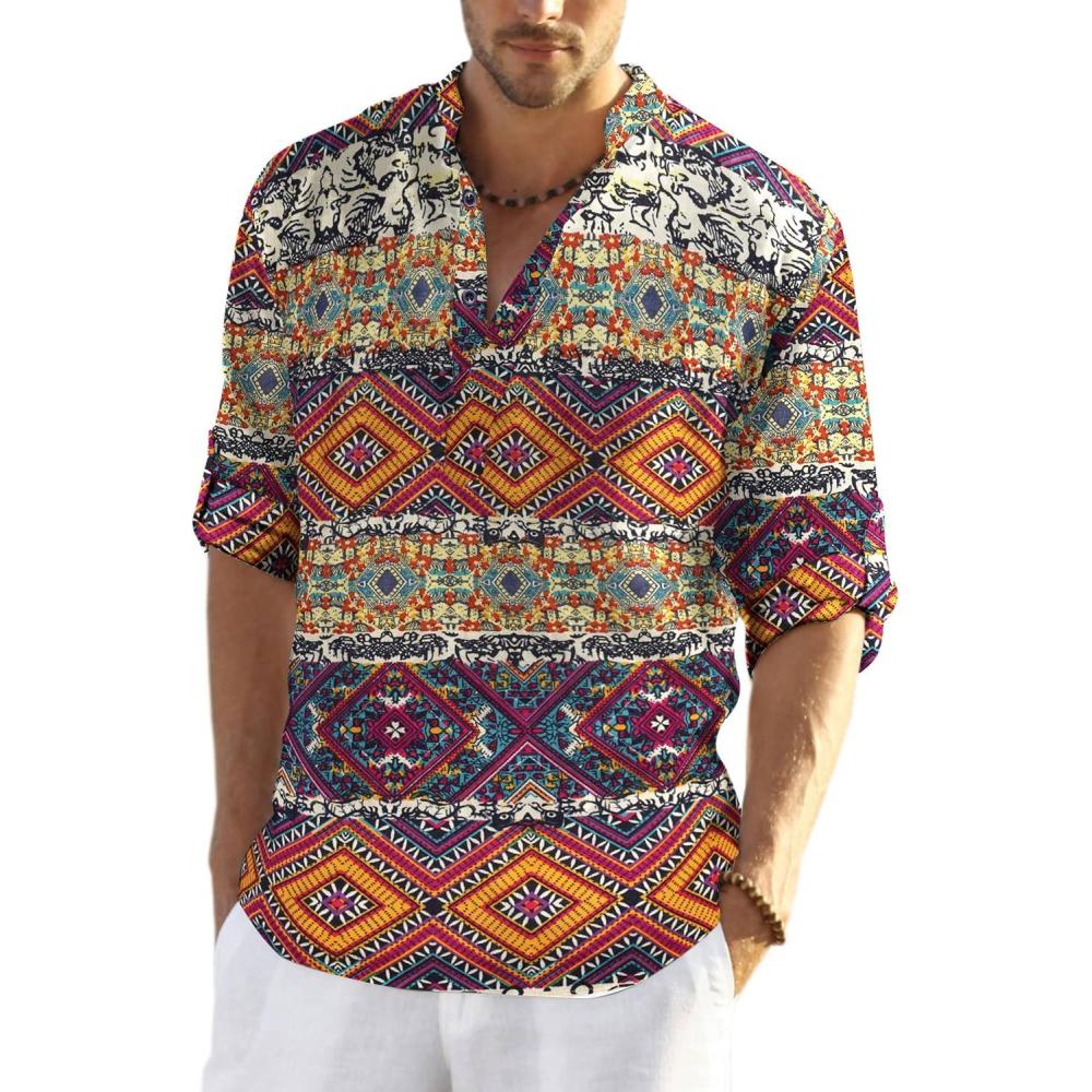 imageCOOFANDY Mens Cotton Linen Henley TShirt Long Sleeve Hippie Casual Beach TShirtsGeometric