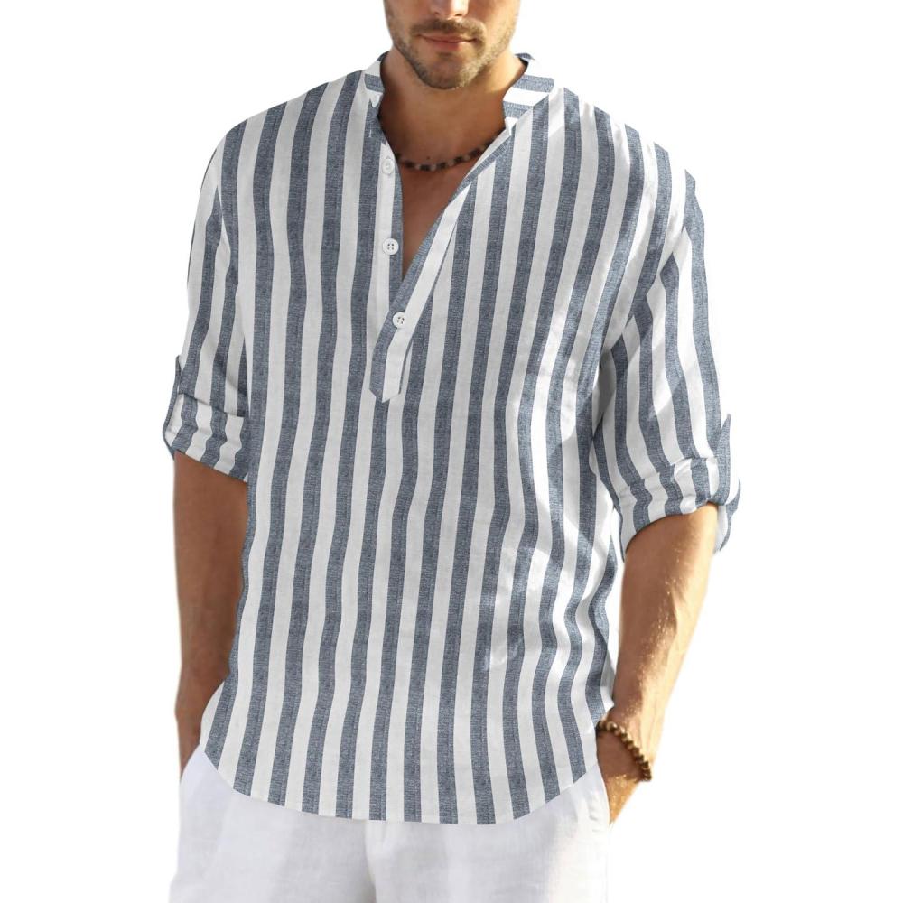 imageCOOFANDY Mens Cotton Linen Henley TShirt Long Sleeve Hippie Casual Beach TShirtsGrey Blue Striped
