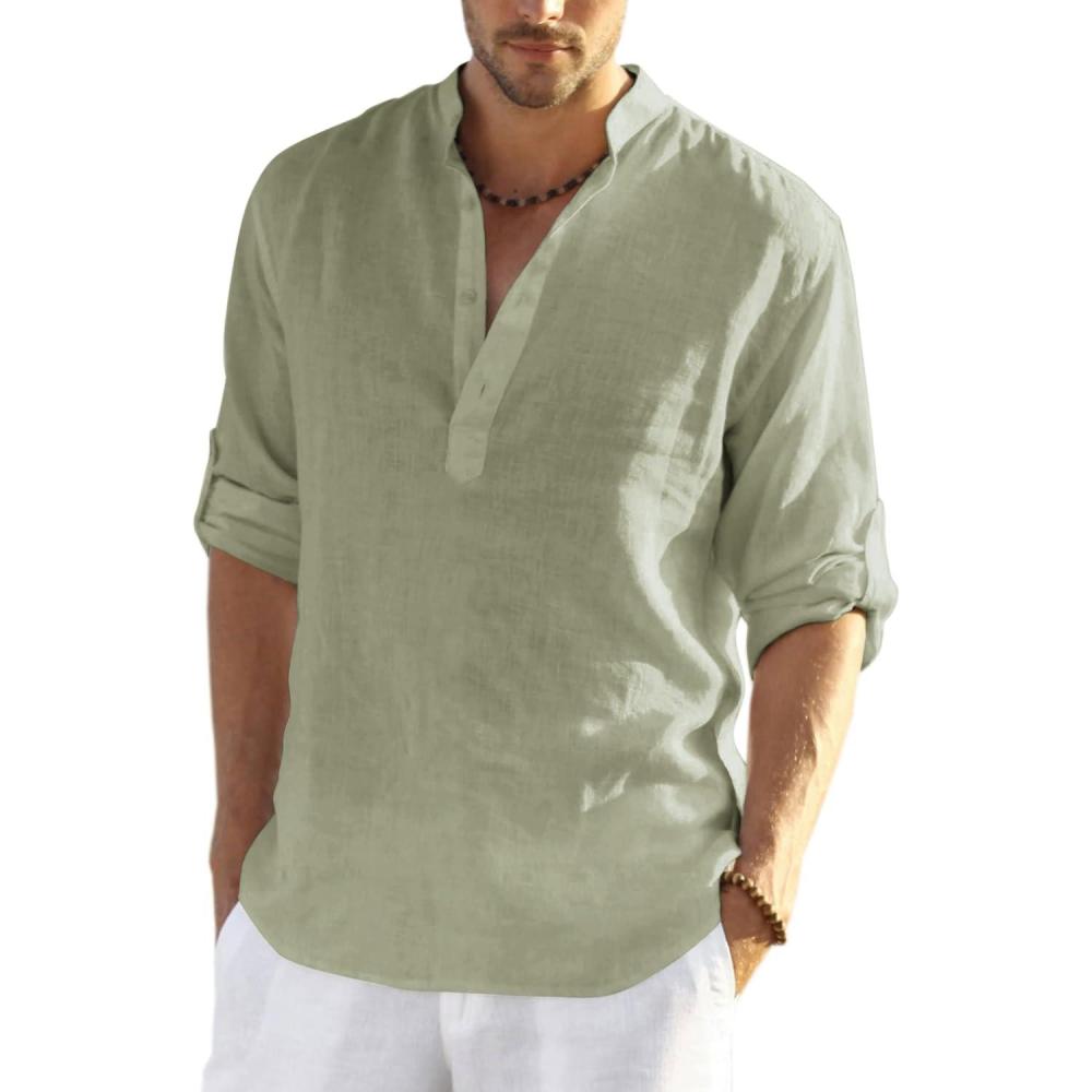 imageCOOFANDY Mens Cotton Linen Henley TShirt Long Sleeve Hippie Casual Beach TShirtsLight Green