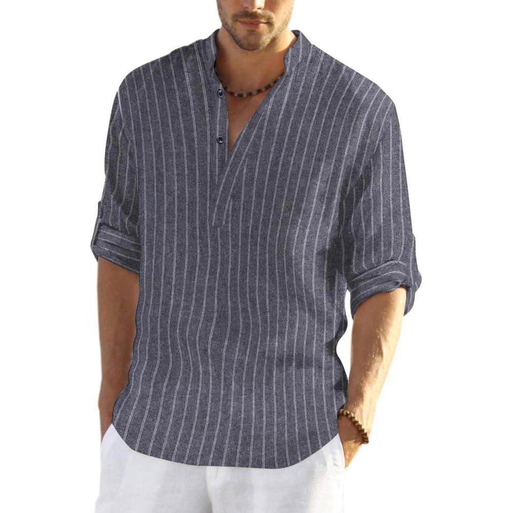 imageCOOFANDY Mens Cotton Linen Henley TShirt Long Sleeve Hippie Casual Beach TShirtsNavy Striped