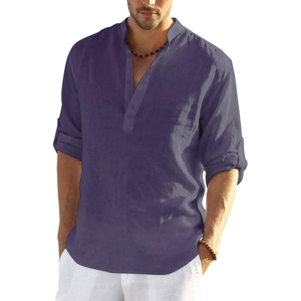 imageCOOFANDY Mens Cotton Linen Henley TShirt Long Sleeve Hippie Casual Beach TShirtsPurple