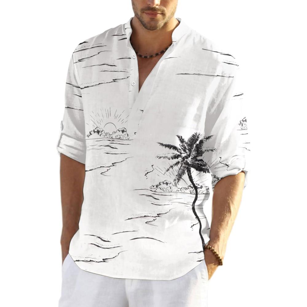 imageCOOFANDY Mens Cotton Linen Henley TShirt Long Sleeve Hippie Casual Beach TShirtsWhite  Palm Tree