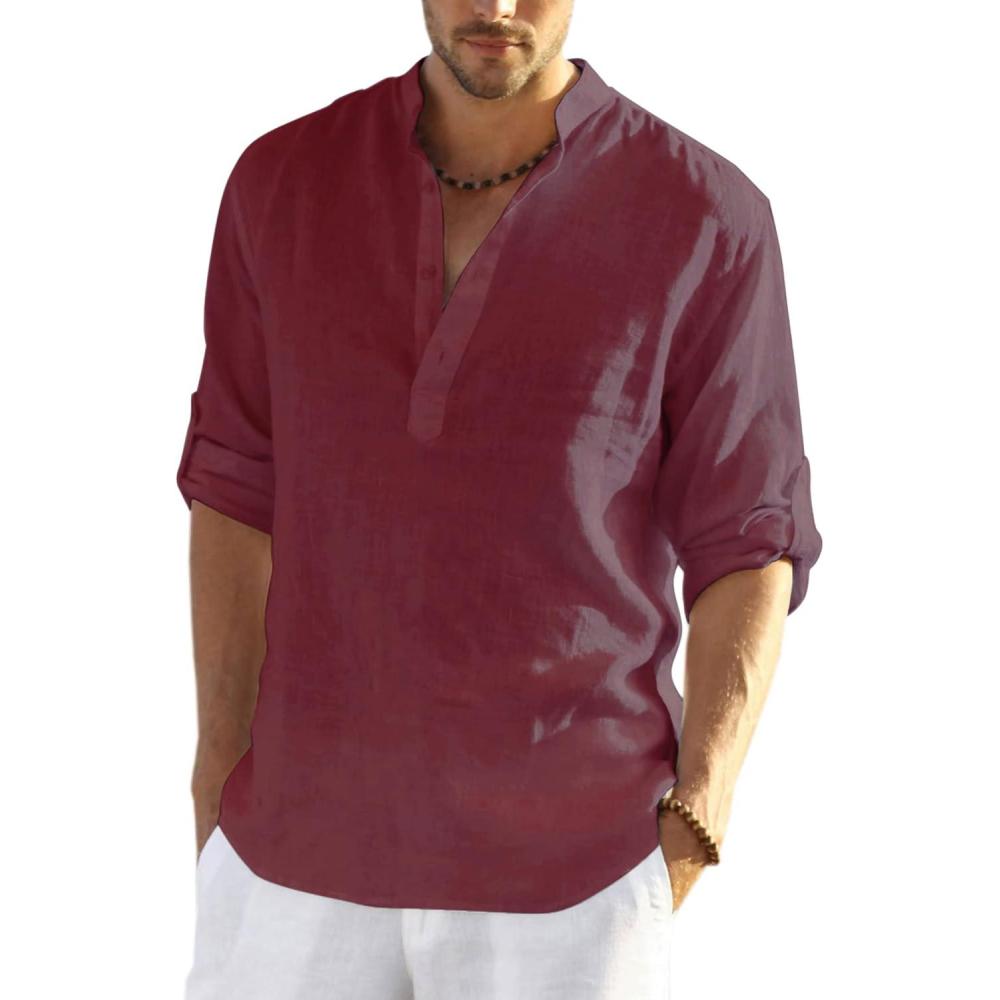 imageCOOFANDY Mens Cotton Linen Henley TShirt Long Sleeve Hippie Casual Beach TShirtsWine Red
