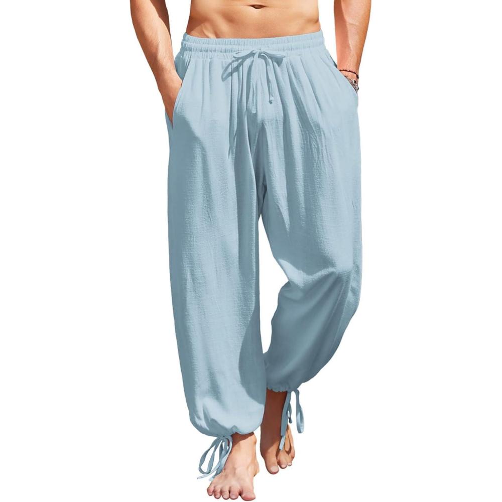 imageCOOFANDY Mens Cotton Linen Pants Casual Harem Pants Elastic Waist Beach Boho Yoga TrousersBlue