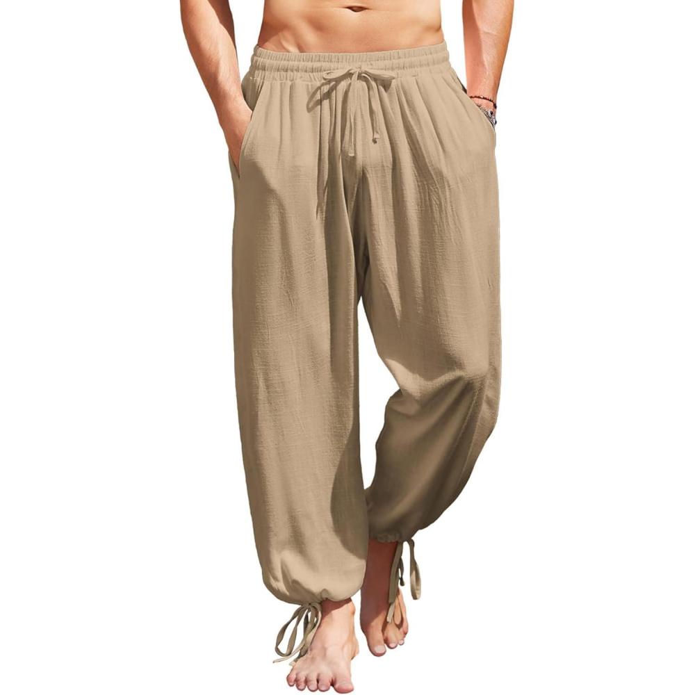 imageCOOFANDY Mens Cotton Linen Pants Casual Harem Pants Elastic Waist Beach Boho Yoga TrousersDark Khaki