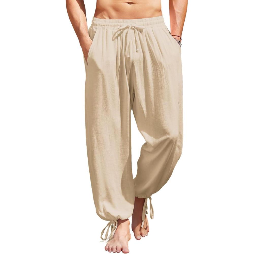 imageCOOFANDY Mens Cotton Linen Pants Casual Harem Pants Elastic Waist Beach Boho Yoga TrousersLight Khaki