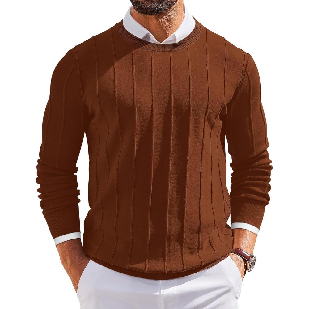 imageCOOFANDY Mens Crew Neck Sweater Long Sleeve Ribbed Knit Dress Sweaters Casual Slim Fit PulloverCaramel