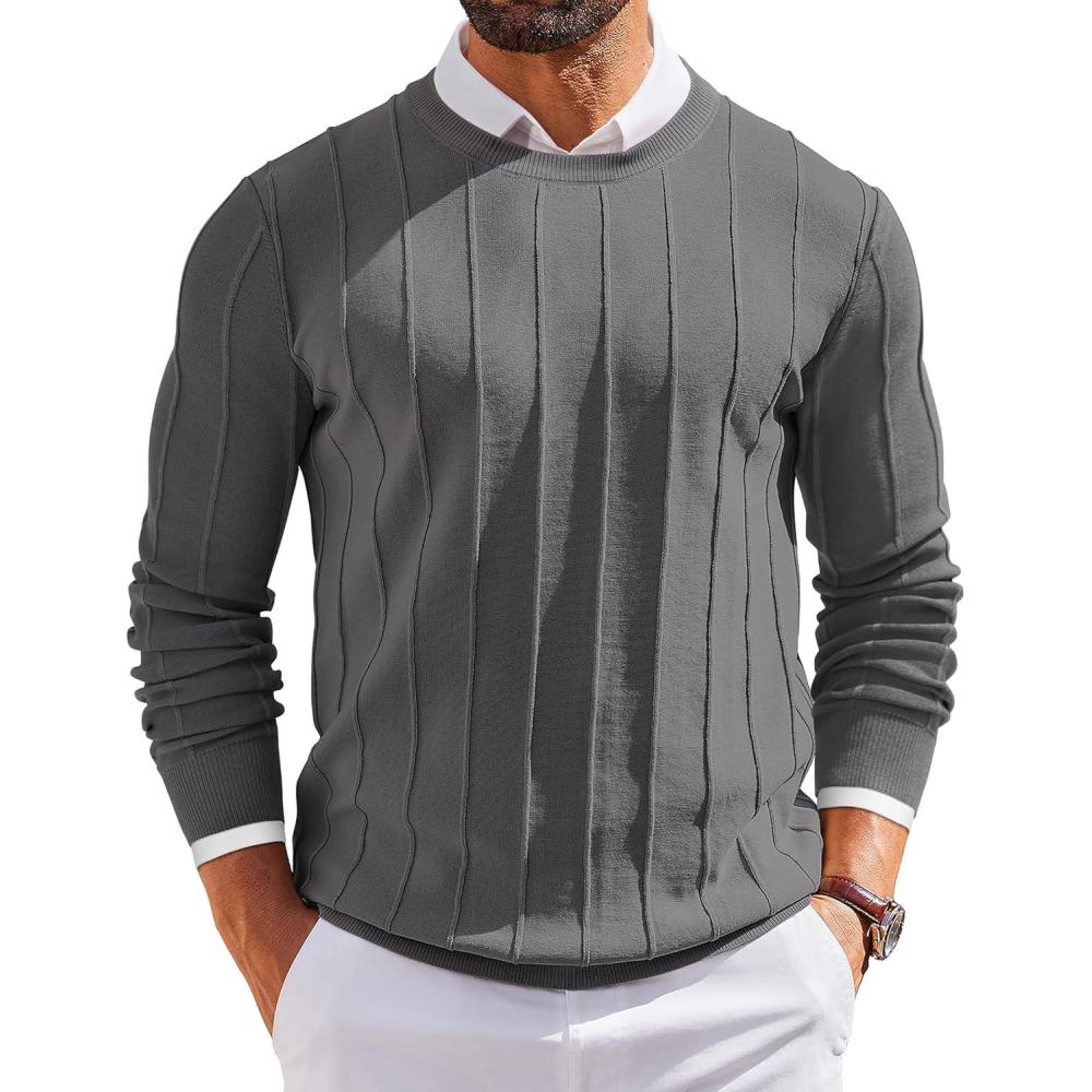 imageCOOFANDY Mens Crew Neck Sweater Long Sleeve Ribbed Knit Dress Sweaters Casual Slim Fit PulloverDark Grey