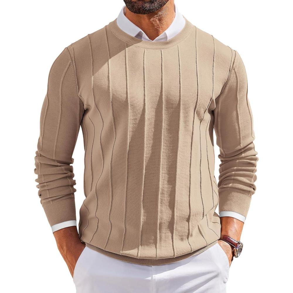 imageCOOFANDY Mens Crew Neck Sweater Long Sleeve Ribbed Knit Dress Sweaters Casual Slim Fit PulloverKhaki