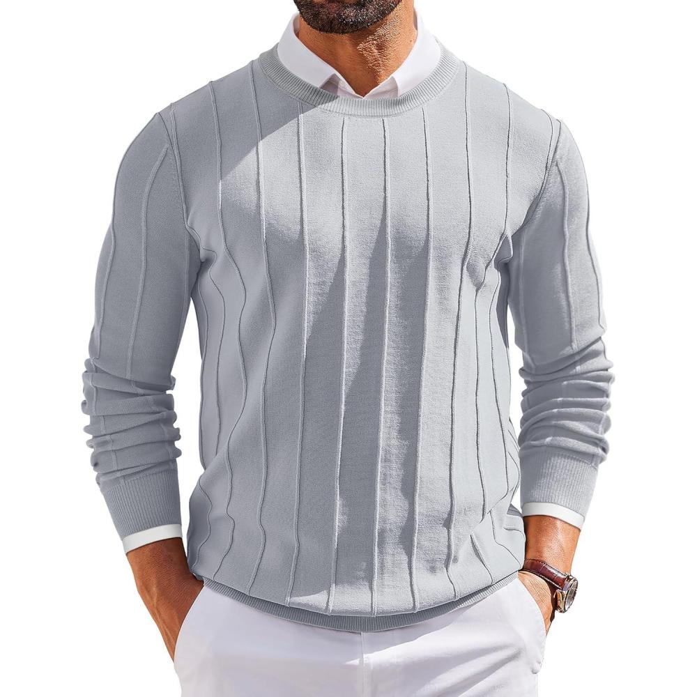 imageCOOFANDY Mens Crew Neck Sweater Long Sleeve Ribbed Knit Dress Sweaters Casual Slim Fit PulloverLight Grey