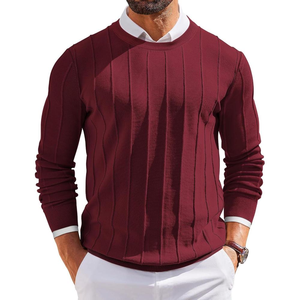 imageCOOFANDY Mens Crew Neck Sweater Long Sleeve Ribbed Knit Dress Sweaters Casual Slim Fit PulloverWine Red