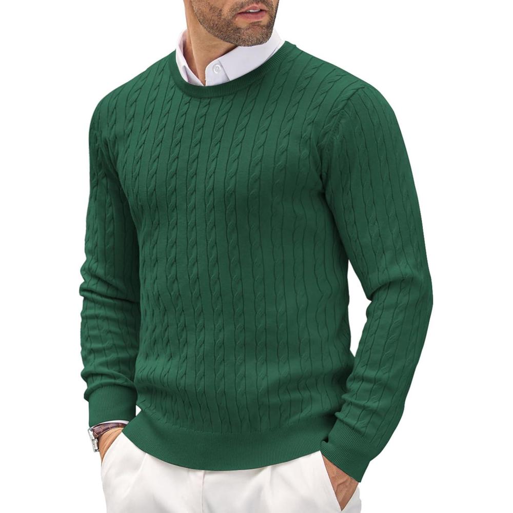 imageCOOFANDY Mens Crew Neck Sweater Slim Fit Lightweight Sweatshirts Knitted Pullover for Casual Or Dressy WearAdark Green