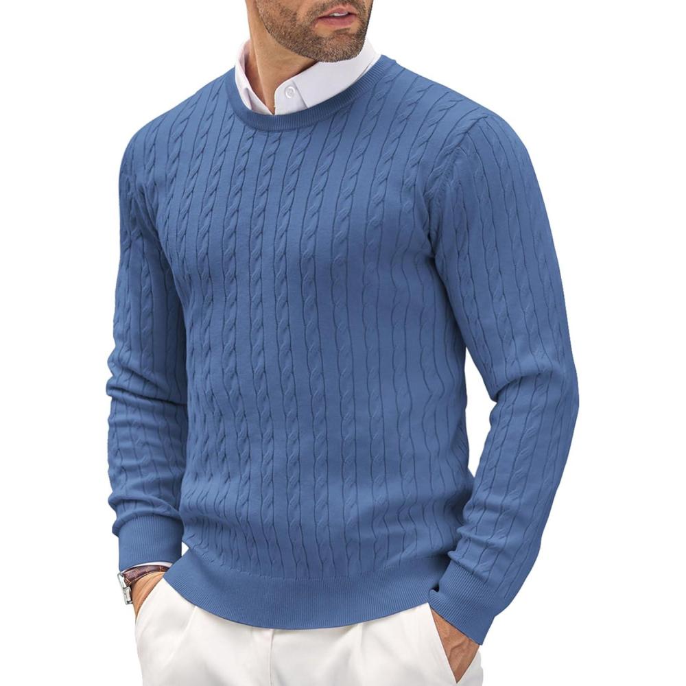 imageCOOFANDY Mens Crew Neck Sweater Slim Fit Lightweight Sweatshirts Knitted Pullover for Casual Or Dressy WearAdenim Blue