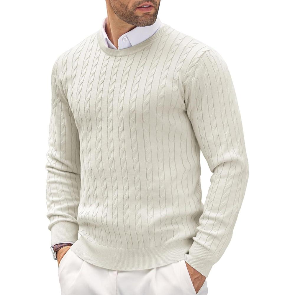 imageCOOFANDY Mens Crew Neck Sweater Slim Fit Lightweight Sweatshirts Knitted Pullover for Casual Or Dressy WearAwhite