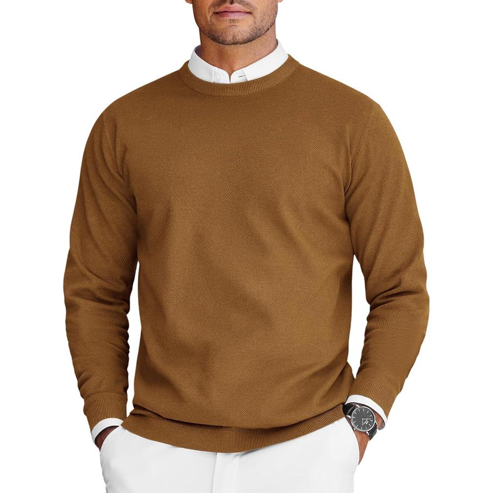 imageCOOFANDY Mens Crew Neck Sweater Slim Fit Lightweight Sweatshirts Knitted Pullover for Casual Or Dressy WearBrown
