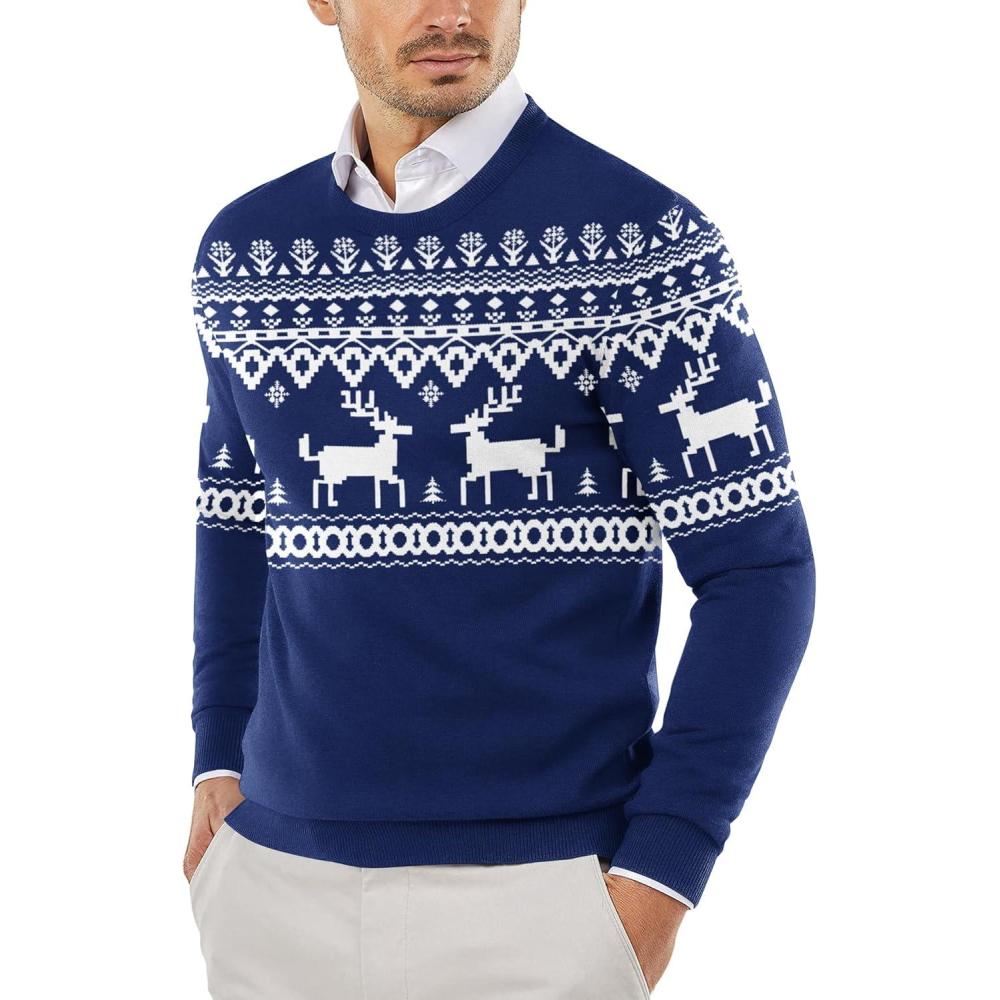 imageCOOFANDY Mens Crew Neck Sweater Slim Fit Lightweight Sweatshirts Knitted Pullover for Casual Or Dressy WearChristmas Blue