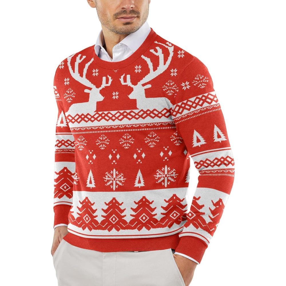 imageCOOFANDY Mens Crew Neck Sweater Slim Fit Lightweight Sweatshirts Knitted Pullover for Casual Or Dressy WearChristmas Red