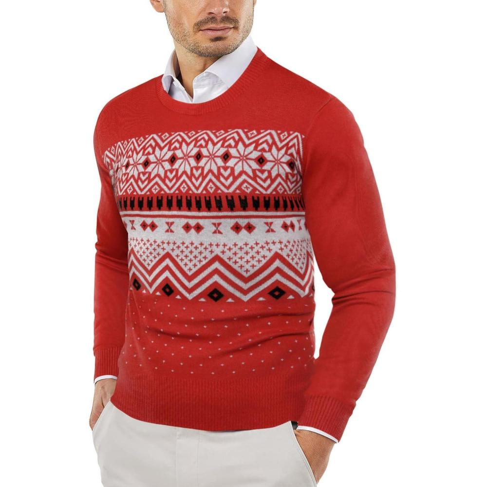 imageCOOFANDY Mens Crew Neck Sweater Slim Fit Lightweight Sweatshirts Knitted Pullover for Casual Or Dressy WearChristmas RedWhite