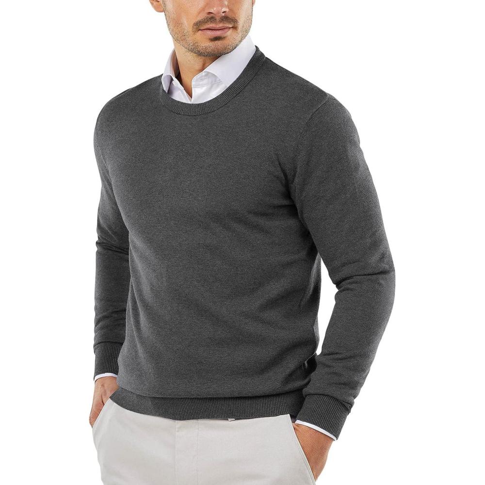 imageCOOFANDY Mens Crew Neck Sweater Slim Fit Lightweight Sweatshirts Knitted Pullover for Casual Or Dressy WearDark Grey