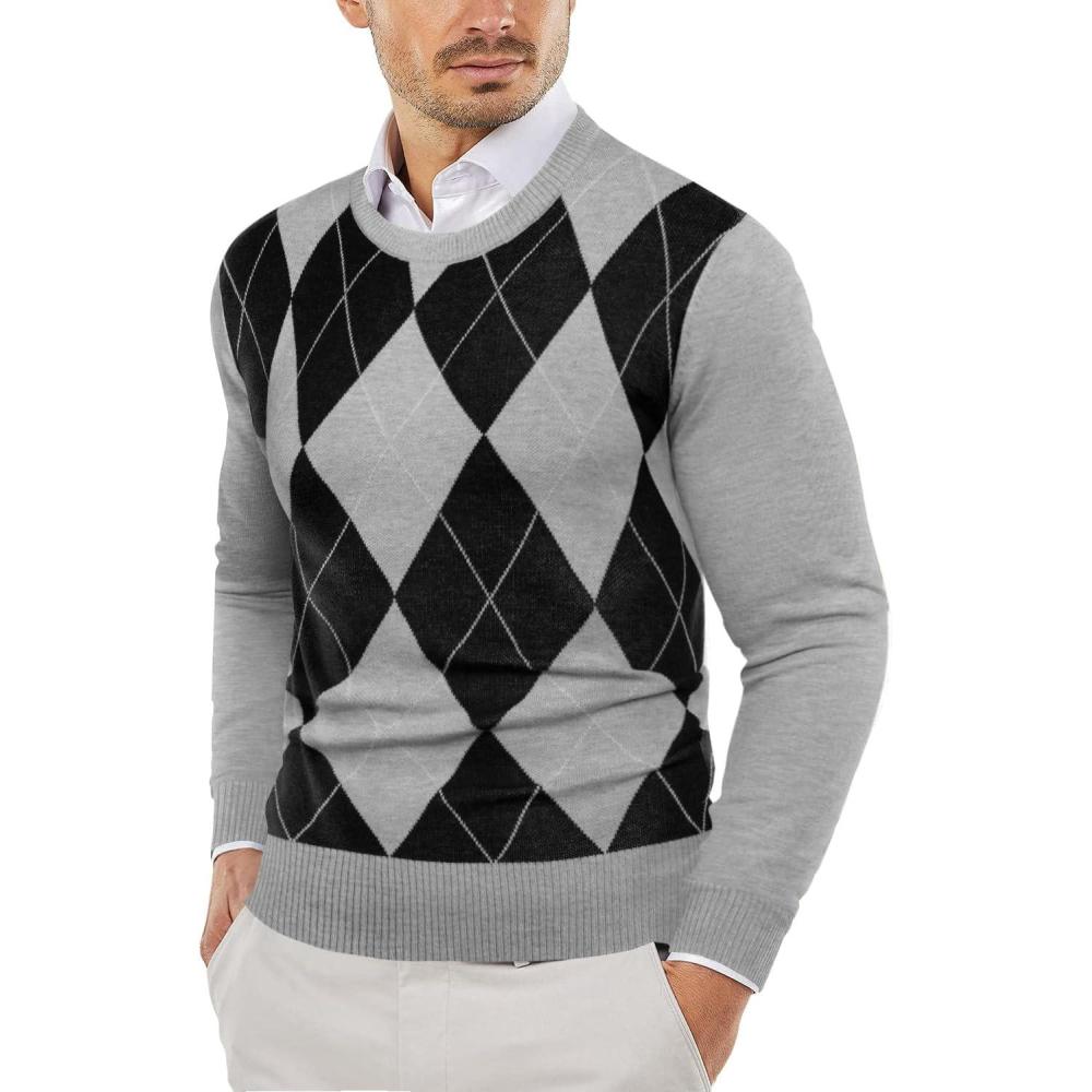 imageCOOFANDY Mens Crew Neck Sweater Slim Fit Lightweight Sweatshirts Knitted Pullover for Casual Or Dressy WearGrey Argyle