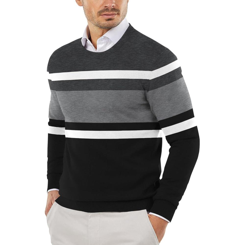 imageCOOFANDY Mens Crew Neck Sweater Slim Fit Lightweight Sweatshirts Knitted Pullover for Casual Or Dressy WearGreyBlack