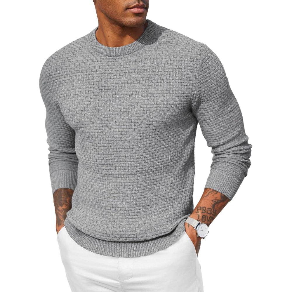 imageCOOFANDY Mens Crew Neck Sweater Slim Fit Lightweight Sweatshirts Knitted Pullover for Casual Or Dressy WearLight Gray