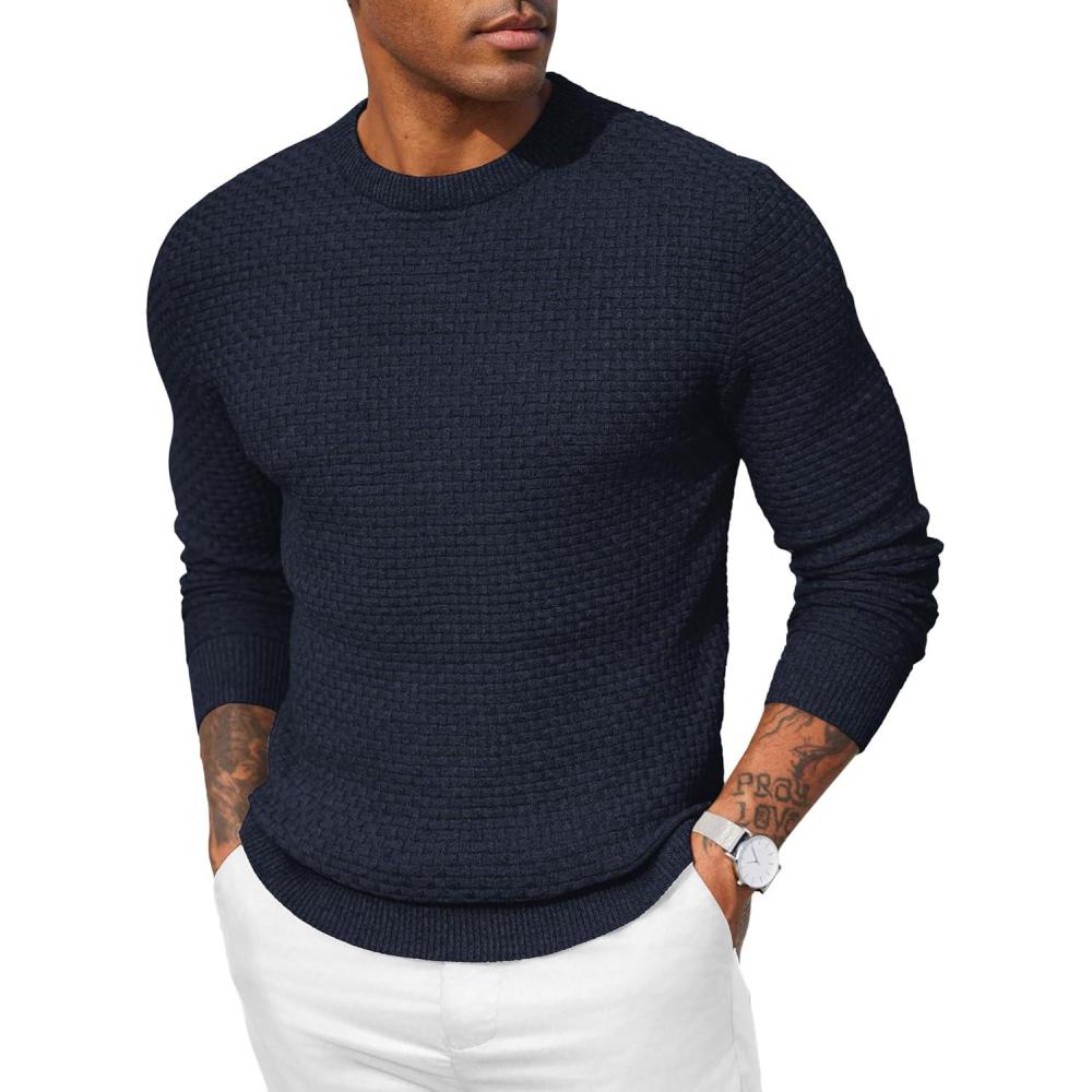 imageCOOFANDY Mens Crew Neck Sweater Slim Fit Lightweight Sweatshirts Knitted Pullover for Casual Or Dressy WearNavy Blue