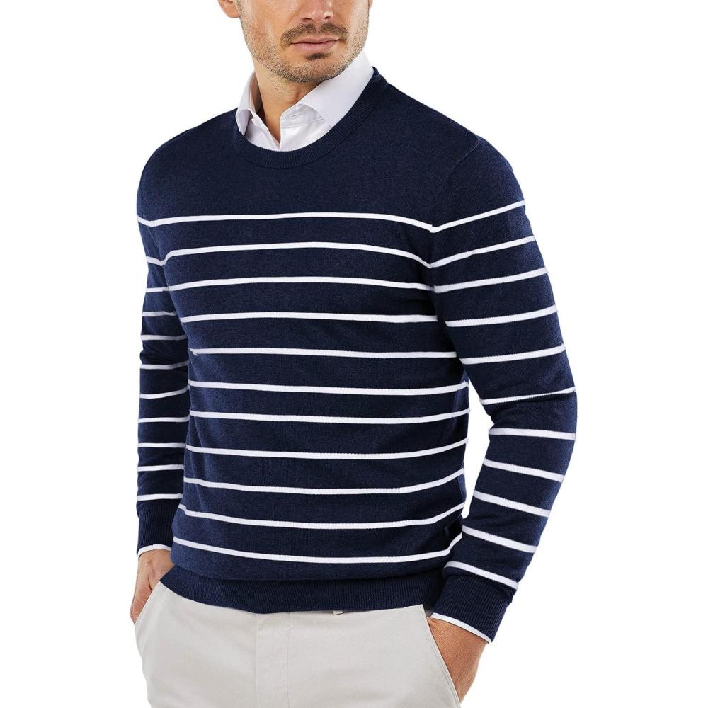 imageCOOFANDY Mens Crew Neck Sweater Slim Fit Lightweight Sweatshirts Knitted Pullover for Casual Or Dressy WearNavyWhite Mariner Stripe