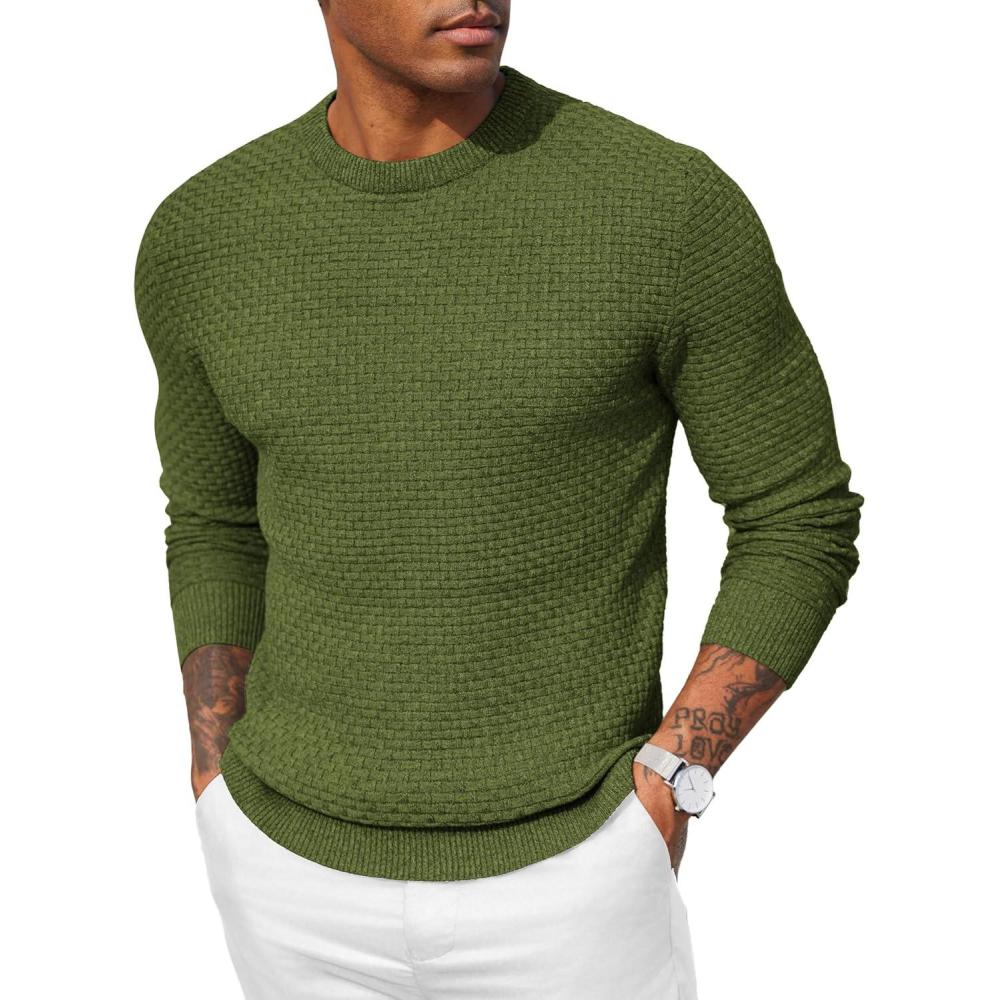 imageCOOFANDY Mens Crew Neck Sweater Slim Fit Lightweight Sweatshirts Knitted Pullover for Casual Or Dressy WearSeaweed Green