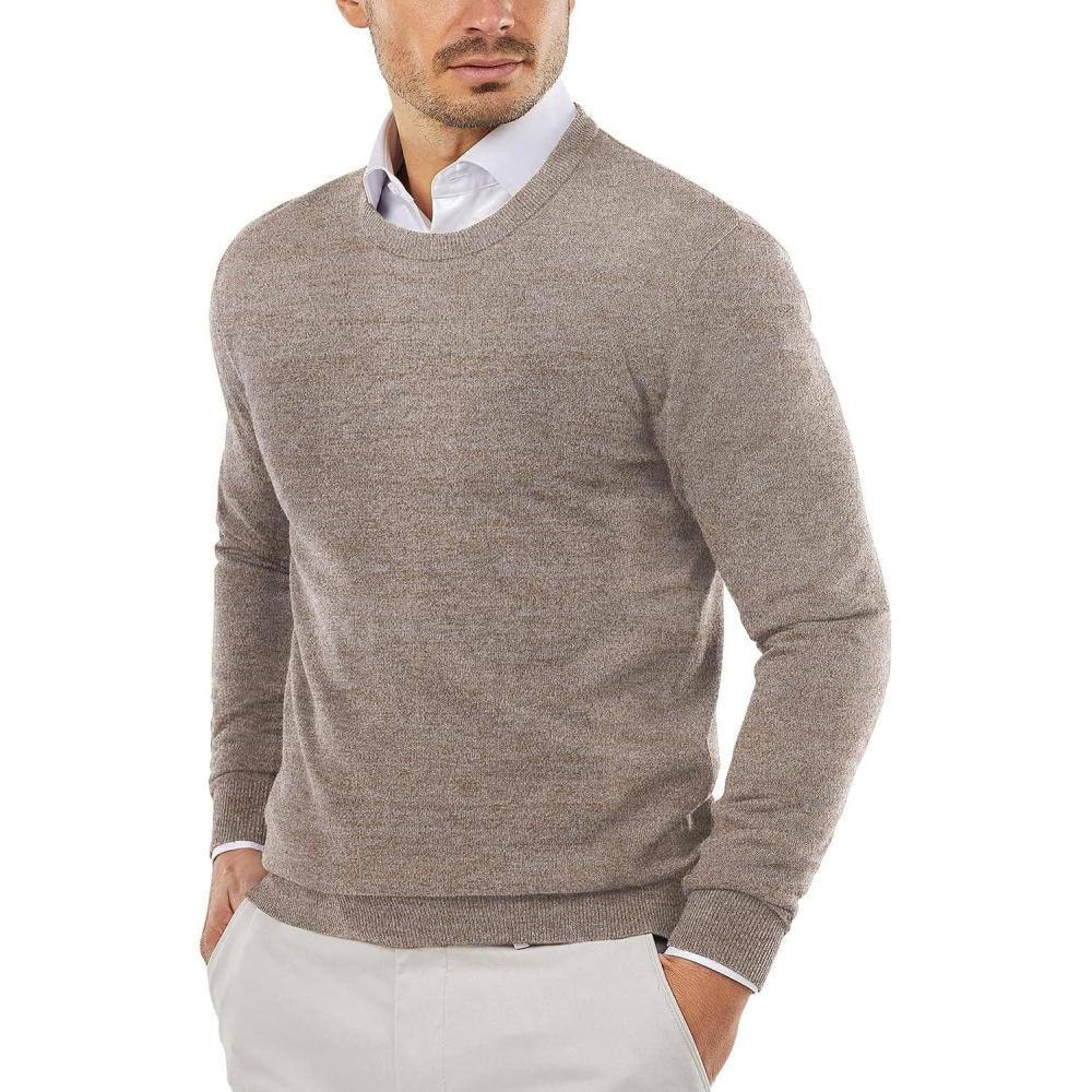 imageCOOFANDY Mens Crew Neck Sweater Slim Fit Lightweight Sweatshirts Knitted Pullover for Casual Or Dressy WearWhiteBrown Twotone Colors