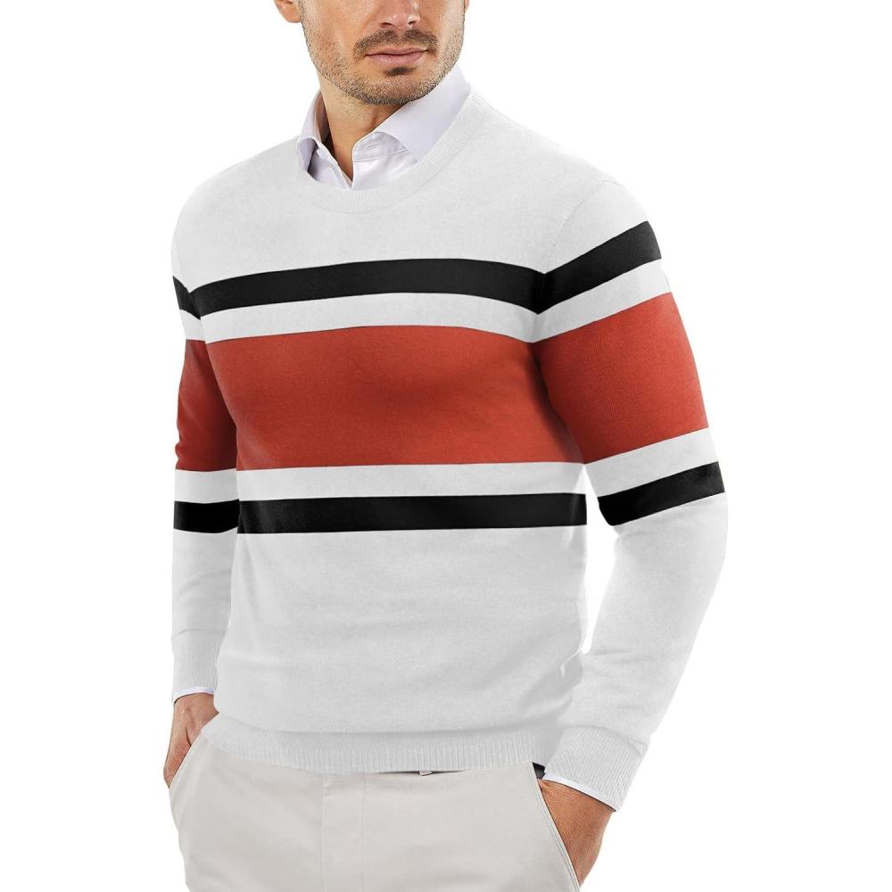 imageCOOFANDY Mens Crew Neck Sweater Slim Fit Lightweight Sweatshirts Knitted Pullover for Casual Or Dressy WearWhiteRust Red