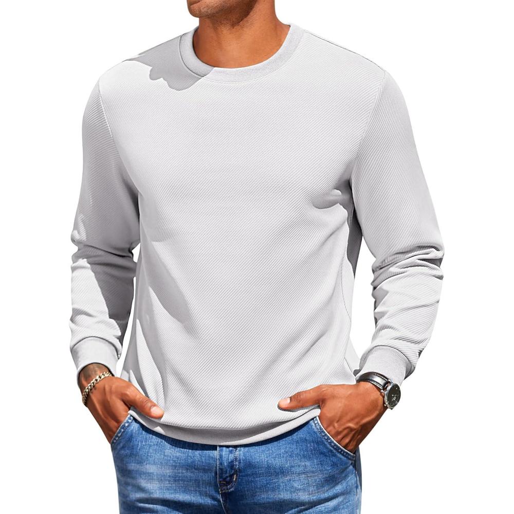 imageCOOFANDY Mens Crew Neck Sweaters Long Sleeve Lightweight Knit Dress Pullover SweatersLight Grey