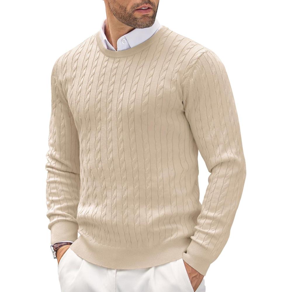 imageCOOFANDY Mens Crewneck Knit Sweater Slim Fit Lightweight Casual Twist Patterned Cable Knitted Pullover